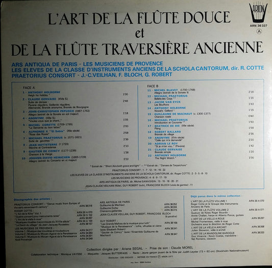 Ars Antiqua De Paris, Les Musiciens De Provence, Les Eleves De La Classe D'Instruments Anciens De La Schola Cantorum, The Praetorius Consort, Jean-Claude Veilhan, Marie-Françoise Bloch, Guy Robert : L'Art De La Flûte Douce Et De La Flûte Traversière Ancienne (LP, Gat)