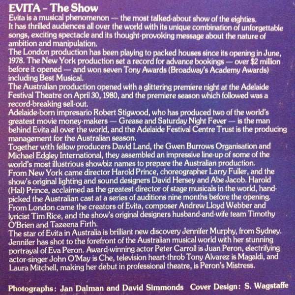 Andrew Lloyd Webber, Tim Rice : Evita Premiere Australian Cast Recording (Excerpts From The Australian Production) (LP, Album, Gat)