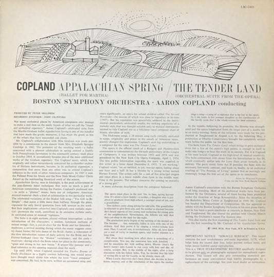 Aaron Copland, Boston Symphony Orchestra : Appalachian Spring / The Tender Land - Suite (LP, RE)