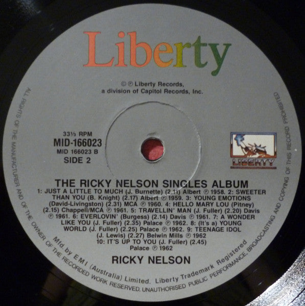 Ricky Nelson (2) : The Ricky Nelson Singles Album (LP, Comp, RE)