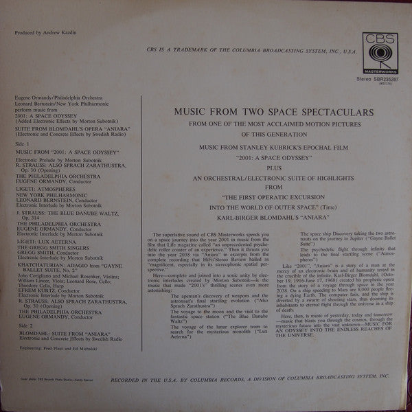 Eugene Ormandy, The Philadelphia Orchestra - Leonard Bernstein, New York Philharmonic — With Gregg Smith Singers, Morton Subotnick / Karl-Birger Blomdahl — Sveriges Radio : Perform Selections From - 2001 - A Space Odyssey / Music From Blomdahl's Opera - Anaria - An Epic Of Space Flight In 2038 A.D. (LP)