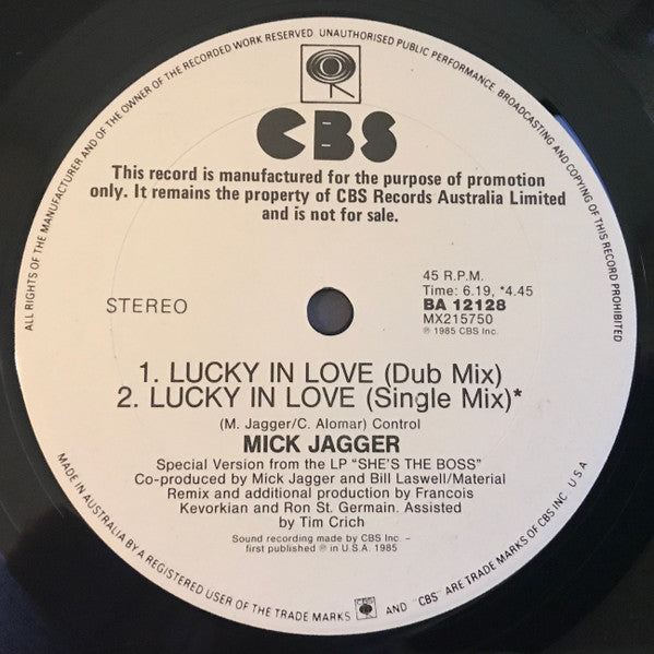 Mick Jagger : Lucky In Love (12", Single, Promo)