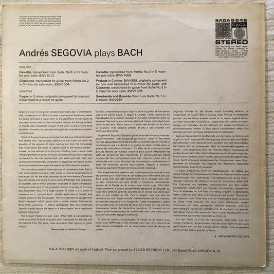 Andrés Segovia, Johann Sebastian Bach : Segovia Plays Bach (LP)