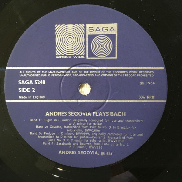 Andrés Segovia, Johann Sebastian Bach : Segovia Plays Bach (LP)