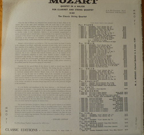 Wolfgang Amadeus Mozart, The Classic String Quartet (2) : Clarinet Quintet In A K. 581 (Music Minus One Clarinet) (LP)