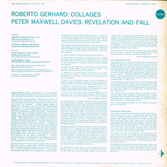 Roberto Gerhard : BBC Symphony Orchestra Conducted By Frederik Prausnitz / Peter Maxwell Davies : Mary Thomas, The Pierrot Players : Collages (For Electronic Tape And Orchestra) / Revelation And Fall (For Soprano And Sixteen Instrumentalists) (LP, Album, Club)