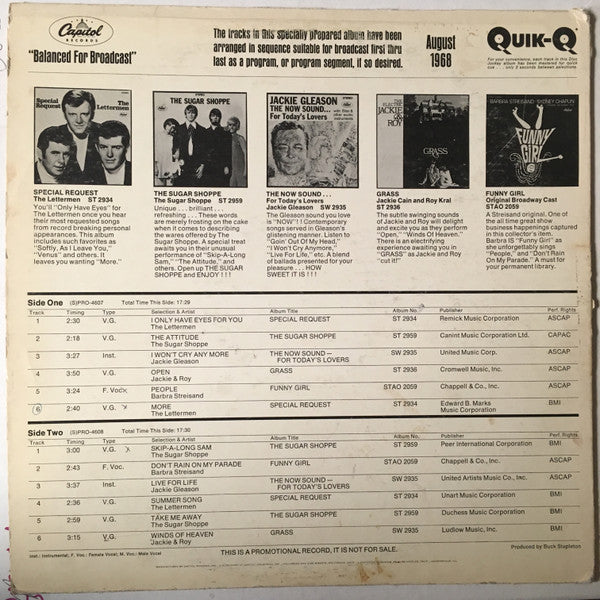 Various : The Capitol Disc Jockey Album (August 1968) (LP, Album, Promo, Smplr, Transcription)