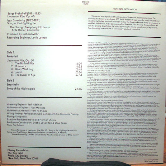 Sergei Prokofiev / Igor Stravinsky, Chicago Symphony Orchestra, Fritz Reiner : Lieutenant Kije / Song Of The Nightingale (LP, RE)