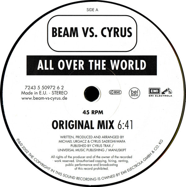 Beam Vs. Cyrus : All Over The World (12", Etch)