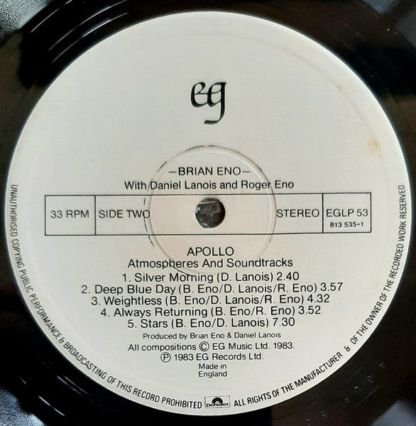 Brian Eno With Daniel Lanois & Roger Eno : Apollo - Atmospheres & Soundtracks (LP, Album)