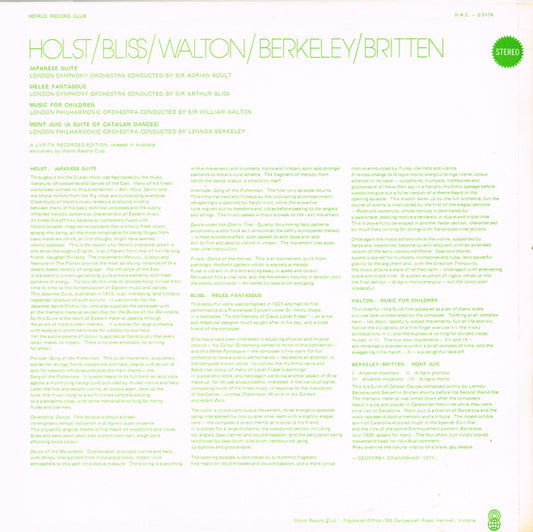 Gustav Holst / Arthur Bliss / Sir William Walton / Lennox Berkeley, Benjamin Britten : Japanese Suite / Mêlée Fantasque / Mont Juic (Suite Of Catalan Dances) / Music For Children (LP, Comp, Club)