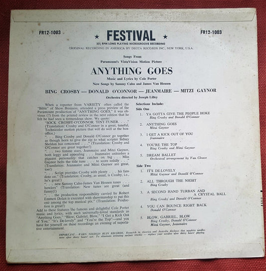 Bing Crosby, Donald O'Connor, Zizi Jeanmaire, Mitzi Gaynor : Anything Goes (LP)