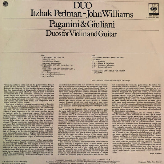 Itzhak Perlman & John Williams (7) - Niccolò Paganini & Mauro Giuliani (2) : Duo (LP, Album)