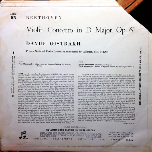 Ludwig Van Beethoven / David Oistrach With Orchestre National De France Conducted By André Cluytens : Violin Concerto In D Major, Op. 61 (LP, Album, Mono)