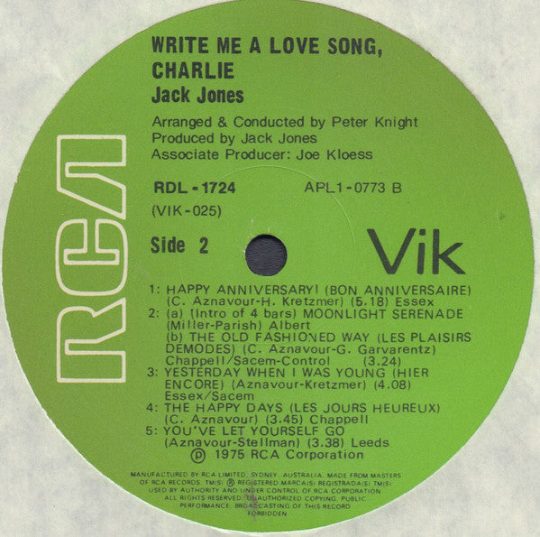 Jack Jones : Write Me A Love Song, Charlie (LP, RE)