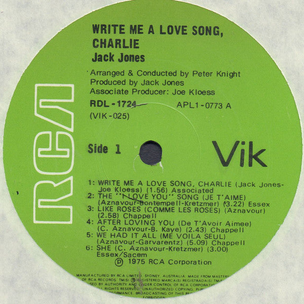 Jack Jones : Write Me A Love Song, Charlie (LP, RE)