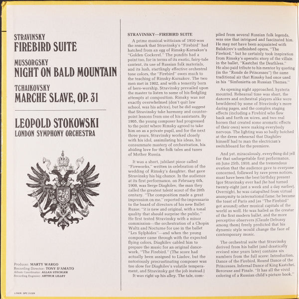 Igor Stravinsky / Pyotr Ilyich Tchaikovsky / Modest Mussorgsky : Leopold Stokowski, London Symphony Orchestra : Firebird Suite: Marche Slave / Night On Bald Mountain (LP, Album, Gat)