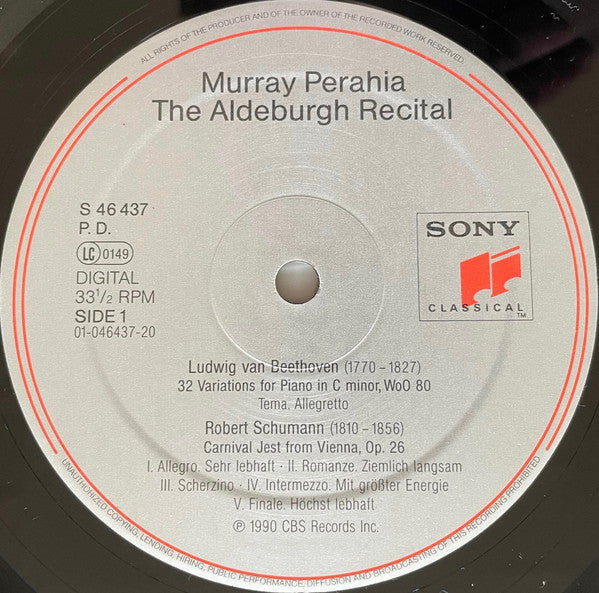 Murray Perahia • Ludwig van Beethoven, Sergei Vasilyevich Rachmaninoff, Robert Schumann, Franz Liszt : The Aldeburgh Recital (LP)