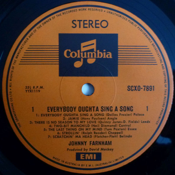 Johnny Farnham* : Everybody Oughta Sing A Song (LP, Album, RP)
