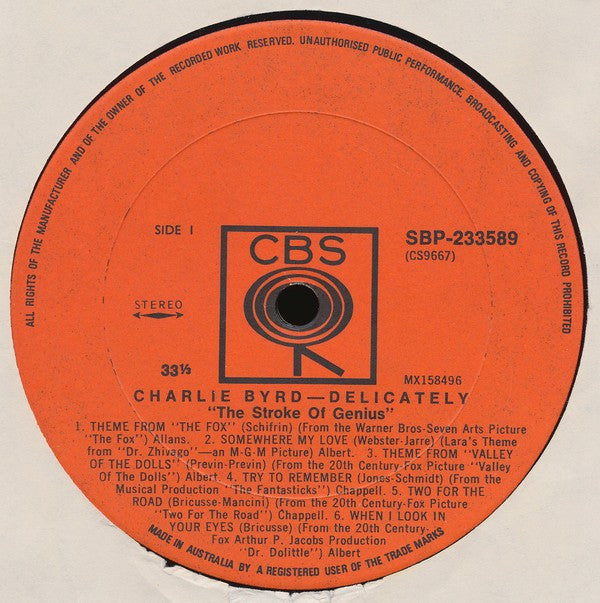 Charlie Byrd : Delicately (LP, Album, RE)