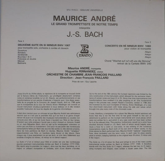 Maurice André interprète J.S. Bach* - Huguette Fernandez - Orchestre De Chambre Jean-François Paillard : Suite En Si Mineur - Concerto Pour Violon & Trompette - Cantate 140 Choral (LP, Pur)