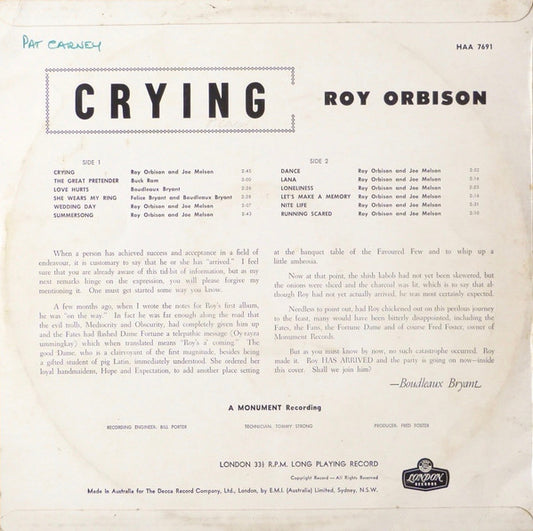 Roy Orbison : Crying (LP, Album, Mono)