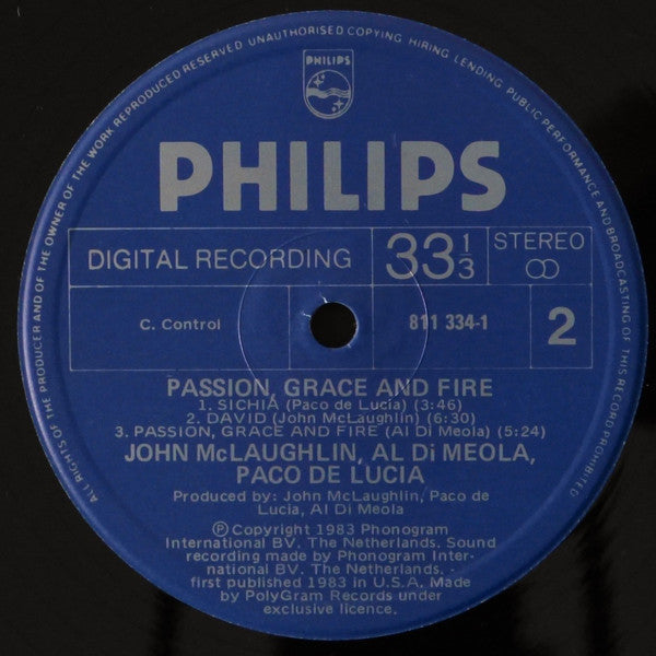 John McLaughlin - Al Di Meola - Paco De Lucía : Passion, Grace & Fire (LP, Album)