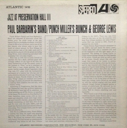 Paul Barbarin And His Jazz Band / Punch Miller's Bunch & George Lewis (2) : Jazz At Preservation Hall III (LP, Album, RP, Spe)