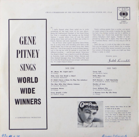 Gene Pitney : Sings World-Wide Winners (LP, Album, RE)