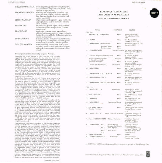 Atrium Musicae de Madrid, Gregorio Paniagua : Tarentule-Tarentelle (LP, Album, Club)
