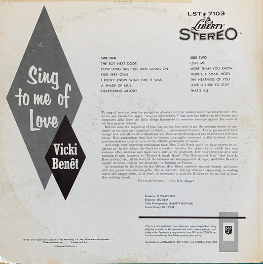 Vicki Benet : Sing To Me Of Love (LP, Album, RP)
