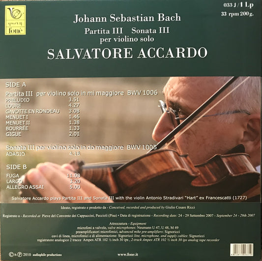 Salvatore Accardo, Johann Sebastian Bach : Partita III Sonata III, per violino solo (LP, Album, Ltd, 200)