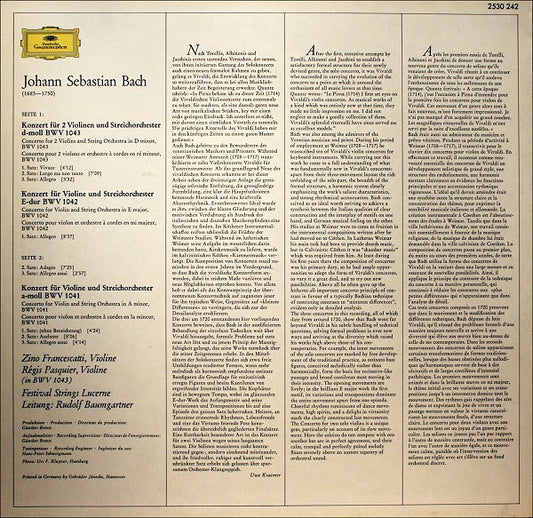 Johann Sebastian Bach - Zino Francescatti • Régis Pasquier • Festival Strings Lucerne • Rudolf Baumgartner : Die Violinkonzerte • The Violin Concertos (LP, Album)