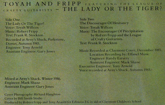 Toyah And Robert Fripp Featuring The League Of Crafty Guitarists : The Lady Or The Tiger? (LP, Album)