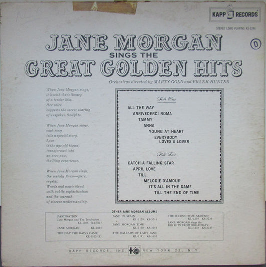 Jane Morgan : Jane Morgan Sings The Great Golden Hits (LP, Album)