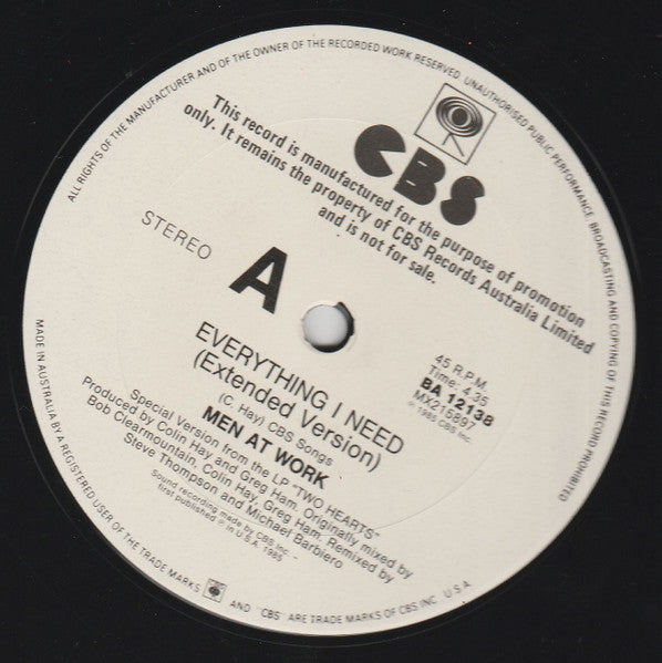 Men At Work : Everything I Need (12", Single, Promo)