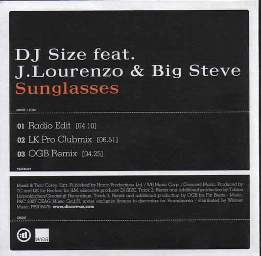 DJ Size feat. J. Lourenzo & Big Steve (3) : Sunglasses (CD, Single, Promo)