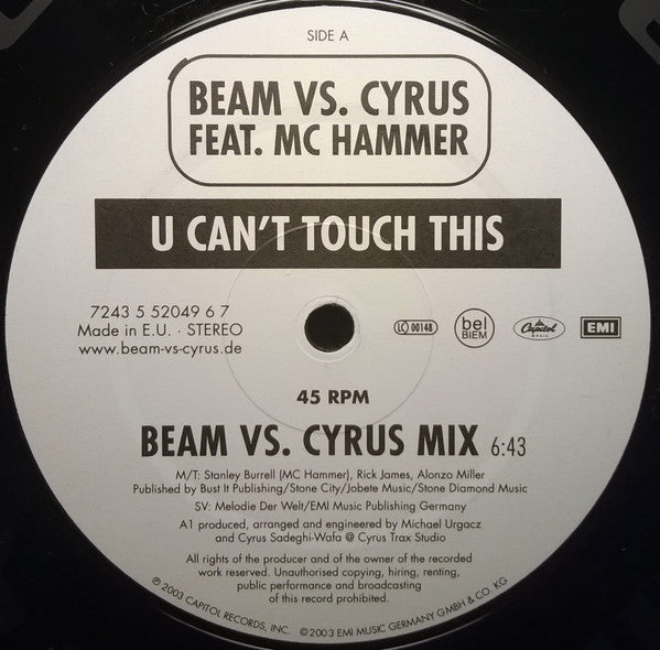 Beam Vs. Cyrus Feat. MC Hammer : U Can't Touch This (12", Etch)