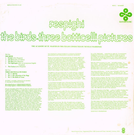 Ottorino Respighi : The Birds • Three Botticelli Pictures (LP, Quad, Club, Gre)