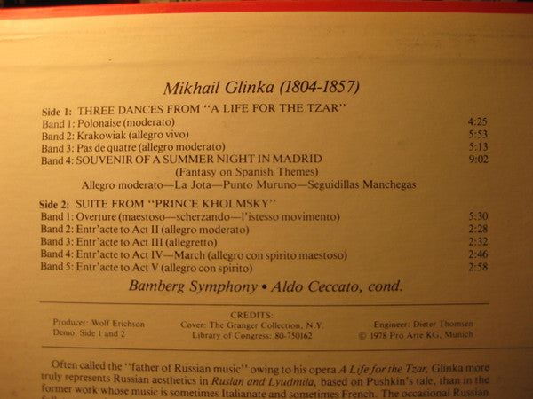 Mikhail Ivanovich Glinka, Bamberger Symphoniker Conducted By Aldo Ceccato : Prince Kholmsky (Suite) / A Life For The Tzar (Dances) / Souvenir Of A Night In Madrid (LP, Album, RE)