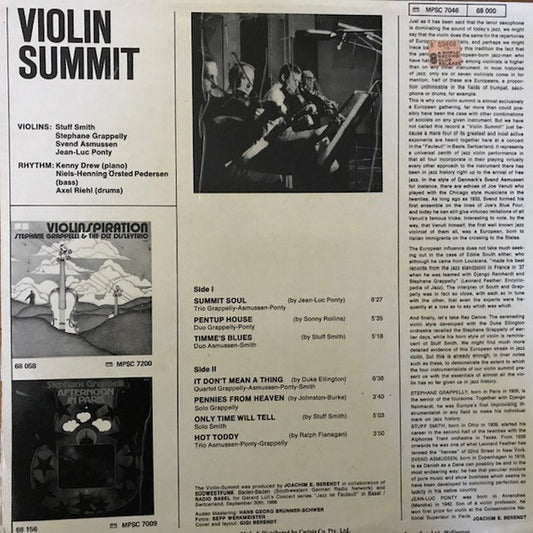 Stuff Smith, Stéphane Grappelli, Svend Asmussen, Jean-Luc Ponty : Violin-Summit (LP, Album, RE)