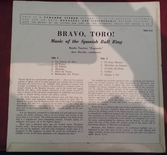 Banda Taurina conducted by Jose Davido : ¡Bravo! Toro - Music Of The Spanish Bull Ring (LP, Album)