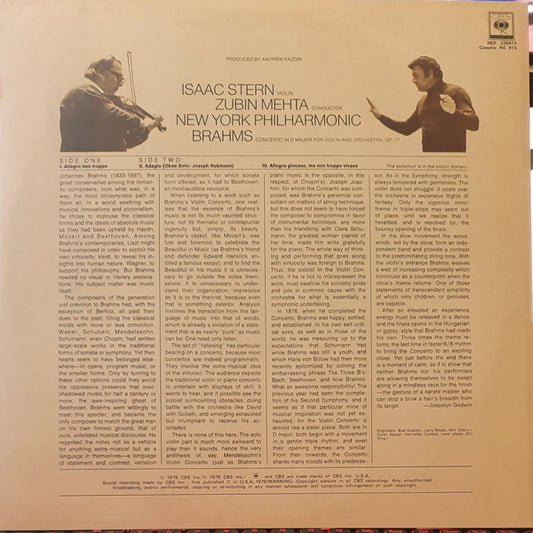 Isaac Stern, Zubin Mehta, New York Philharmonic - Johannes Brahms : Violin Concerto (LP, Album)
