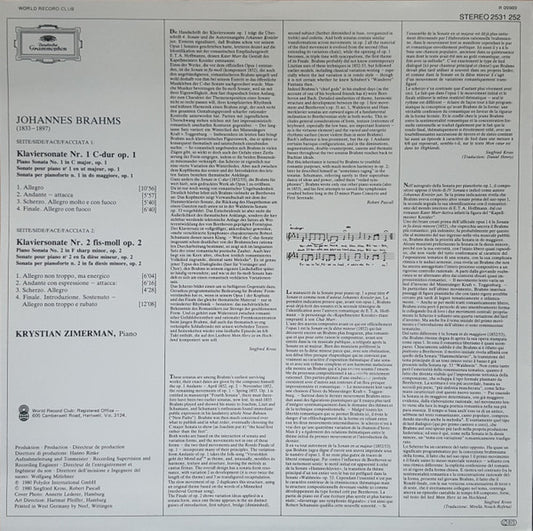 Johannes Brahms, Krystian Zimerman : Klaviersonaten No.1 & 2 - Piano Sonatas (LP)