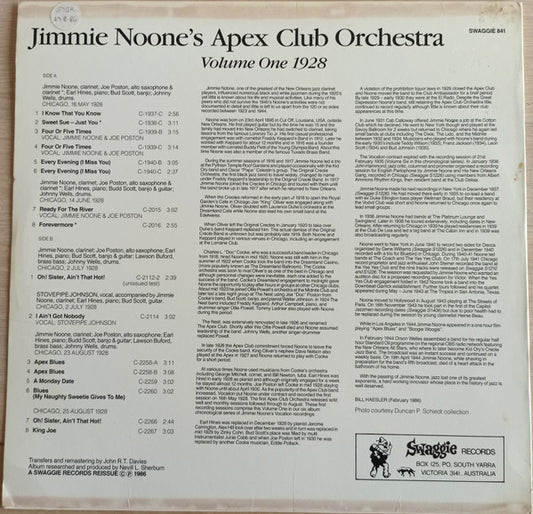 Jimmie Noone's Apex Club Orchestra : Volume One 1928 (LP, Comp, Mono, RE)