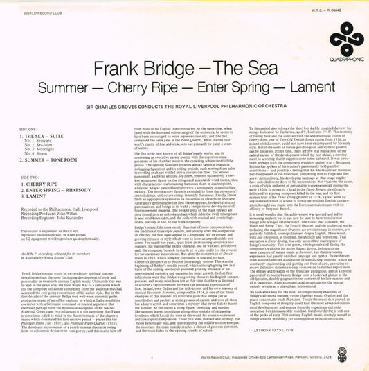 Frank Bridge - Sir Charles Groves Conducts Royal Liverpool Philharmonic Orchestra : The Sea – Summer – Cherry Ripe – Enter Spring – Lament (LP, Album, Quad, Club)