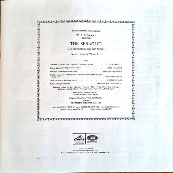 Sir Thomas Beecham Conducts Wolfgang Amadeus Mozart - Lois Marshall, Leopold Simoneau, Gottlob Frick, Royal Philharmonic Orchestra : Seraglio (2xLP + Box, Album, RE)