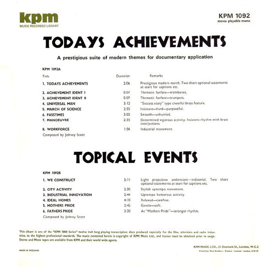John Scott : Todays Achievements / Topical Events (LP)
