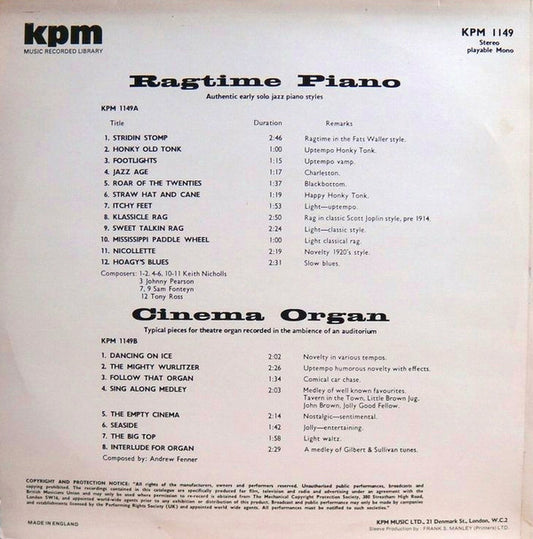 Various : Ragtime Piano / Cinema Organ (LP, Lib)