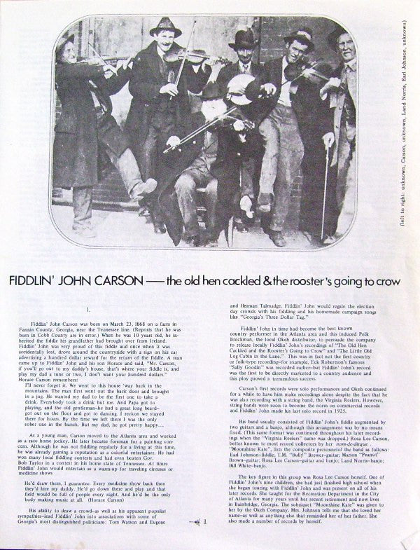 Fiddlin' John Carson : The Old Hen Cackled And The Rooster's Gonna Crow (LP, Album, RM)